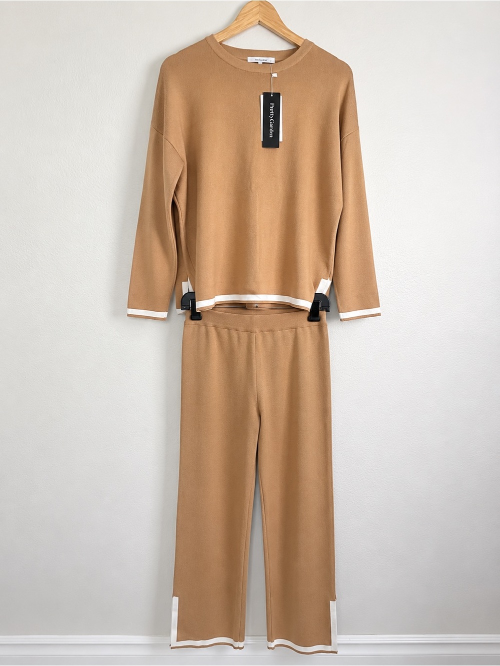 #120 Women's Camel Knit Pajama Set with White Trim